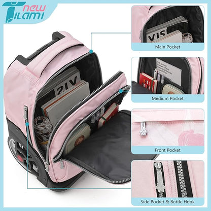 NEW TILAMI 19 Inch Rolling Backpack with Lunch Bag for Girls Boys Wheeled Laptop Backpack Durable Carry-on Bag School Travel, Flower Fairy