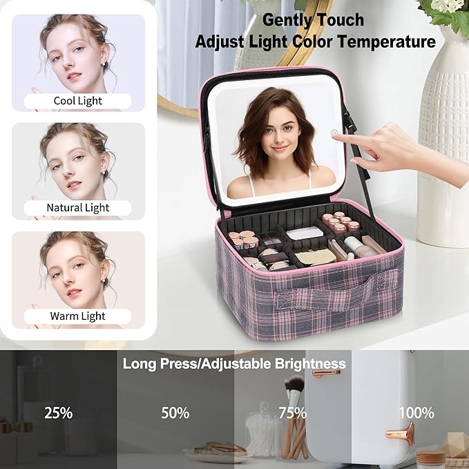 TANTO Makeup Bag With LED Mirror, Travel Makeup Case with Light up Mirror Large Cosmetic Case with 3 Color Lighted Portable Organizer Bag with Adjustable Dividers(Pink/Grey Stripes-Canvas, Small)