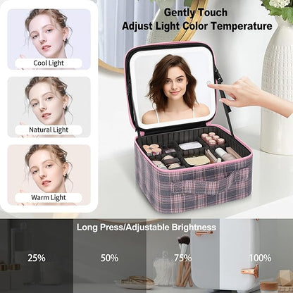 TANTO Makeup Bag With LED Mirror, Travel Makeup Case with Light up Mirror Large Cosmetic Case with 3 Color Lighted Portable Organizer Bag with Adjustable Dividers(Pink/Grey Stripes-Canvas, Small)