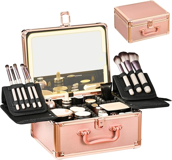 Rose Gold Makeup Case with Lighted Mirror, Detachable LED Mirror, Travel Makeup Train Case, Waterproof Cosmetic Organizer, Standing Makeup Brush Holder, Gift