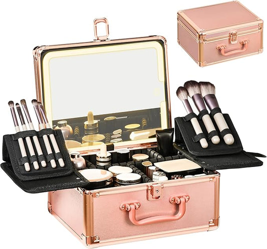 Rose Gold Makeup Case with Lighted Mirror, Detachable LED Mirror, Travel Makeup Train Case, Waterproof Cosmetic Organizer, Standing Makeup Brush Holder, Gift