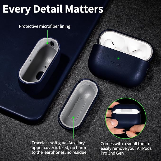 Belemay Handcrafted Full-Grain Vegetable-Tanned Leather Case for AirPods Pro 3rd Gen (2025), Classy Two-Tone Effect, Natural Patina, Compatible with MagSafe, Compatible with Airpods Pro 3, Navy Blue