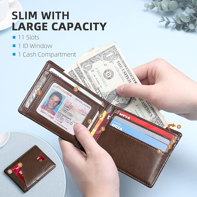 Zitahli Wallet for Men Slim 11 Credit Card Holder RFID Blocking Small Men's Wallet Bifold Minimalist Front Pocket With Mens Gifts Box