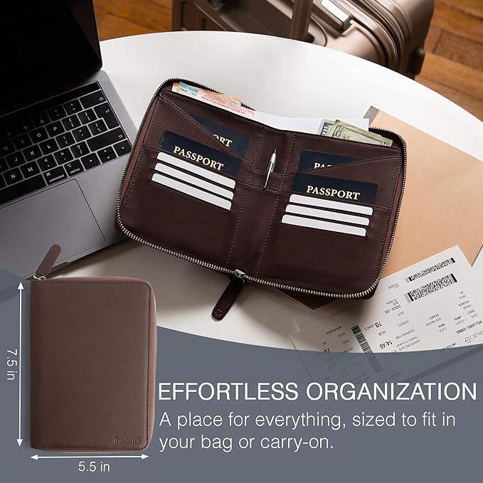 Full Grain Leather Family Passport Holder for 4 Passports - RFID Passport Holder and Travel Document Organizer - Large Leather Travel Wallet for Families - Brown