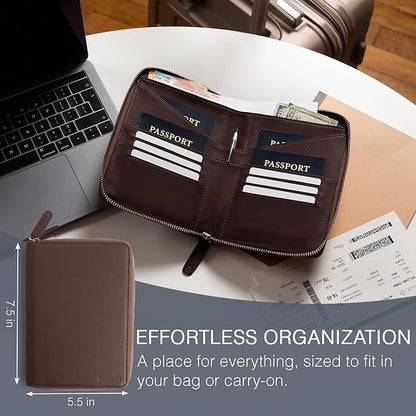 Full Grain Leather Family Passport Holder for 4 Passports - RFID Passport Holder and Travel Document Organizer - Large Leather Travel Wallet for Families - Brown