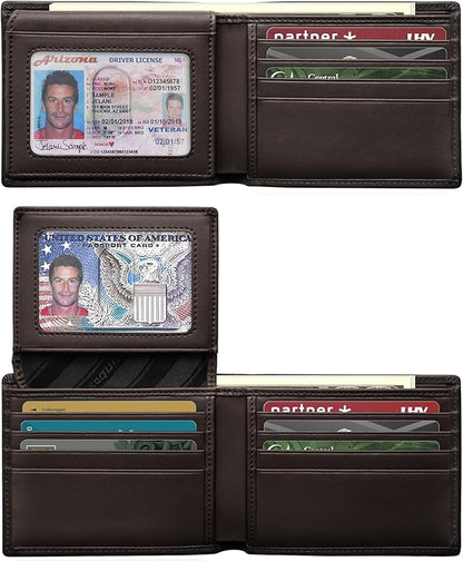 Genuine Leather Wallet for Men 12 Cards Mens Wallet Bifold Rfid Blocking with 2 ID Windows Card Holder Wallet with Gift Box
