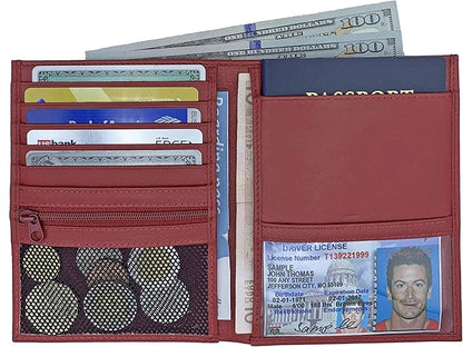 Red RFID Genuine Leather Passport Wallet