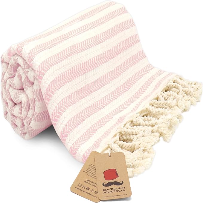 Bazaar Anatolia Turkish Beach Towel – 100% Cotton, Quick Dry, Sand Free Pink Picnic Blanket for Bathroom and Travel – Oversized 71x39 Inches – Arpa Pink