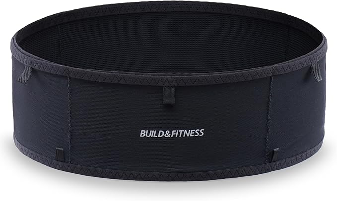Build & Fitness LiteBelt Running Belt – 4 Quick Top-Access Pockets –Flip Waist Pack, Running Phone Holder – Fits All Size Phones, Keys, Cards, Earpods, GUs – for Men and Women (Black, M)