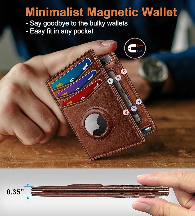 Airtag Slim Leather Wallet for Men - 12-Card Capacity, Magnetic Closure, Money Clip & Simplified Bill Compartment, RFID Blocking (4.3" x 3.0") | Gift Boxed