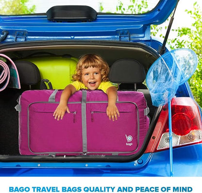 Bago Large Foldable Duffel Bags for Traveling Women & Men - 120L Packable Duffle Bag for Travel with Shoe Compartment - Water Repellant, Heavy Duty, Lightweight Folding & Collapsible (Pink)