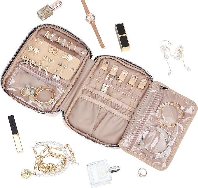 BELALIFE Travel Jewelry Organizer, Portable Storage Case for Earrings, Rings, Necklaces, Bracelets, Pink