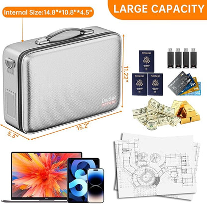 DocSafe Fireproof Document Box with Lock, Hard Case File Organizer with Accordion File Folder, Fireproof Water Resistant Safe Box Home Office Travel Storage for Important Documents Laptop Silver