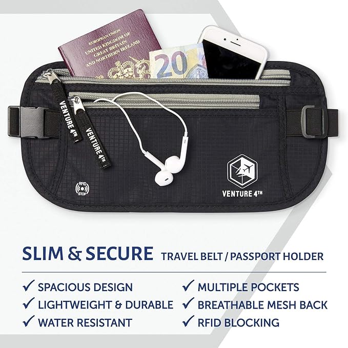 VENTURE 4TH Travel Money Belt - Slim Passport Holder RFID Blocking Travel Pouch to Protect Cash, Credit Cards and Travel Documents (Black)
