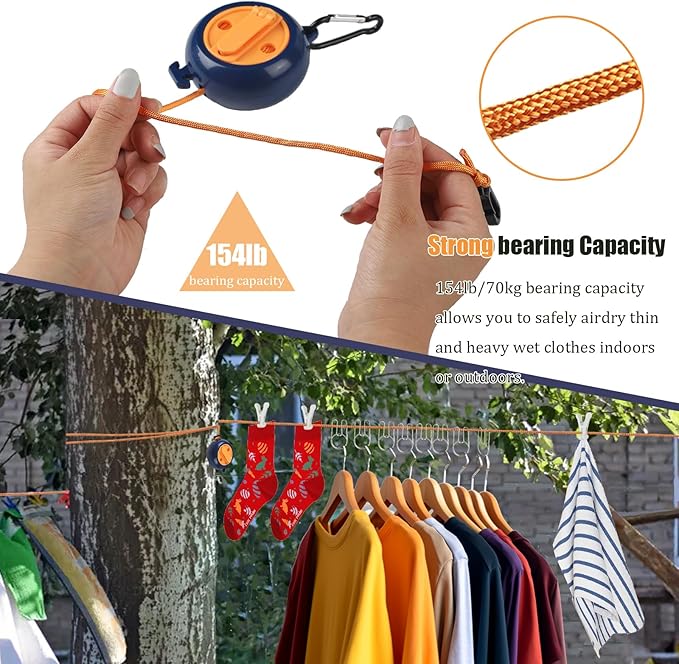 32Ft Portable Travel Clothesline Caudblor Adjustable Camping Clothes Laundry Drying Rope for Hotel Trip, Cruise, Outdoor/Indoor with 10 Windproof Clips, 10 Clothespins, 1 Storage Bag（Blue）