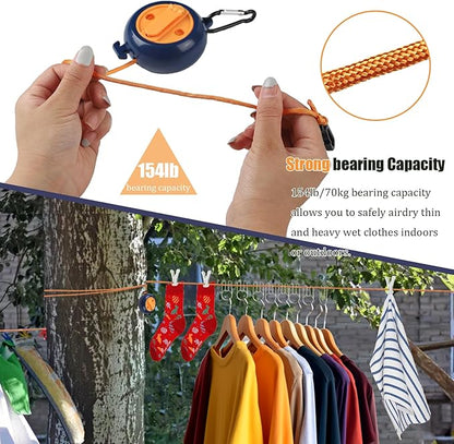 32Ft Portable Travel Clothesline Caudblor Adjustable Camping Clothes Laundry Drying Rope for Hotel Trip, Cruise, Outdoor/Indoor with 10 Windproof Clips, 10 Clothespins, 1 Storage Bag（Blue）