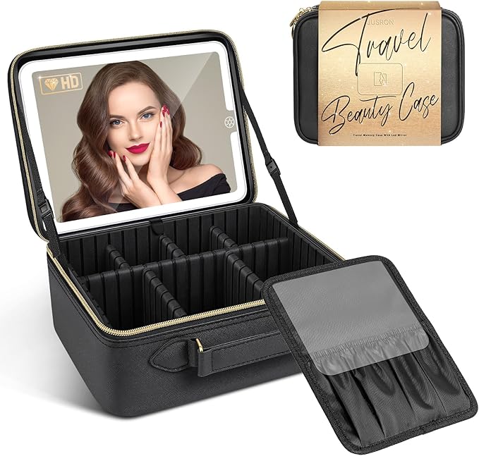JUSRON Travel Makeup Bag With LED Mirror,Train Case with Light up Mirror, Portable Makeup Artist Organizer Bag with Adjustable Dividers (Black, Large)