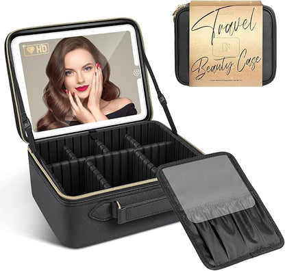 JUSRON Travel Makeup Bag With LED Mirror,Train Case with Light up Mirror, Portable Makeup Artist Organizer Bag with Adjustable Dividers (Black, Large)