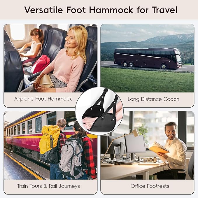 Foot Hammock for Plane Travel, Airplane Foot Hammock, Adjustable Foot Rest Sling with Memory Foam, Airplane Gadgets Travel Essentials for Long Time Flight (Black+Navy)
