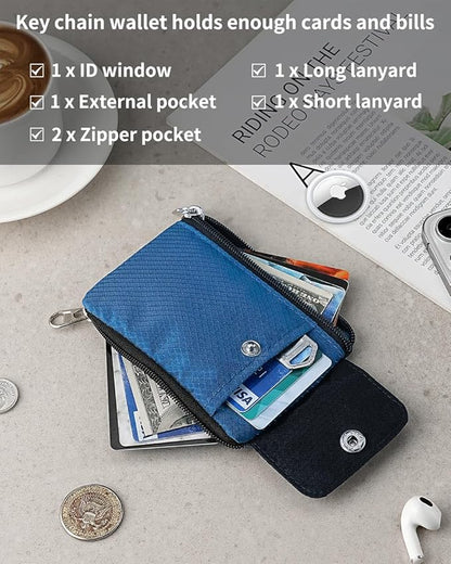 Minimalist Wallet For Mens Womens, Keychain RFID Blocking Zipper Small Wallet with ID Window 2 Lanyards,Water Resistant Travel Cash Card Coin Case Boys Girls