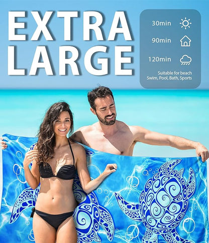 2 Packs Sand Proof Microfiber Beach Towels Adult –Quick Fast Dry Beach Oversized Accessories for Travel Swim Pool Yoga Camping Blanket Essentials Lightweight Must Haves Items Women Gifts Blue Turtles