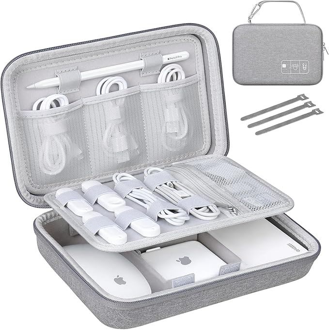 Lacdo Hard Travel Electronic Organizer Case for MacBook Power Adapter Charger, Cables, Apple Pencil, Mouse, Power Bank, USB Flash Disk,SD Card Small Protective Portable Accessories & 3 Cable Tie, Gray