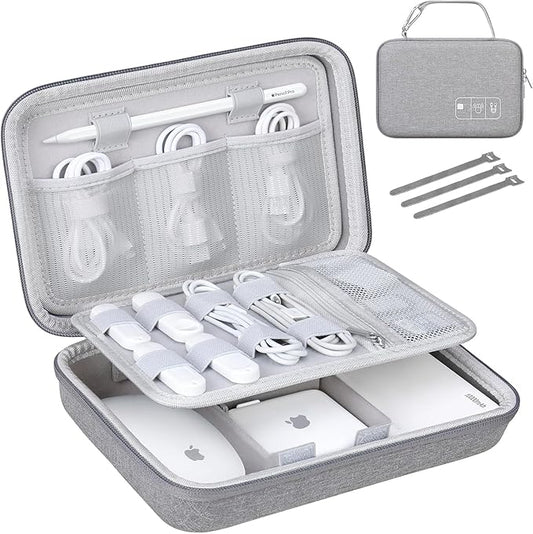 Lacdo Hard Travel Electronic Organizer Case for MacBook Power Adapter Charger, Cables, Apple Pencil, Mouse, Power Bank, USB Flash Disk,SD Card Small Protective Portable Accessories & 3 Cable Tie, Gray