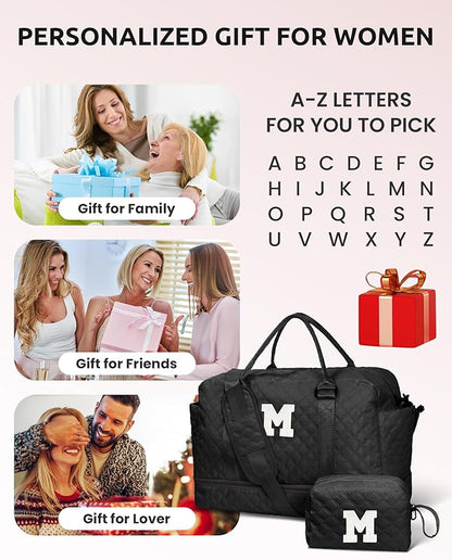 Granddaughter Initial Duffle Bag with Shoe Compartment, Personalized Weekender Overnight Travel Bag, Letter Gift for Her