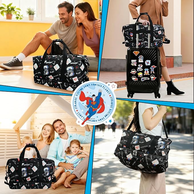 SUPERMAN Travel Duffel Bag with Krypton-Inspired Graphics, Durable Construction, Spacious Storage, Adjustable Shoulder Strap, and Multiple Carrying Options for Fans of Bold Designs