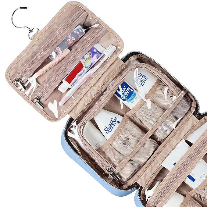 NISHEL Travel Toiletry Bag for women, Portable Hanging Organizer for Travel-Sized Shampoo, Conditioner, Brushes Set, Makeup Accessories, Medium Size, Placid-Blue
