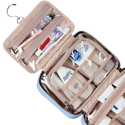 NISHEL Travel Toiletry Bag for women, Portable Hanging Organizer for Travel-Sized Shampoo, Conditioner, Brushes Set, Makeup Accessories, Medium Size, Placid-Blue