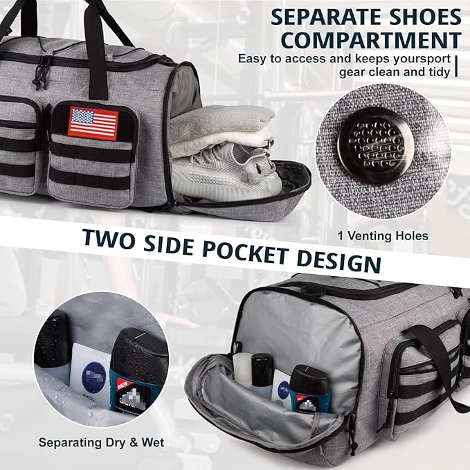 Tactical Gym Bag for Men，50L Large 3 in 1 Sports Duffle Bag with Shoes Compartment for Travel,Water Resistant Travel Backpack Weekender Overnight Bag with Wet Pocket for Women