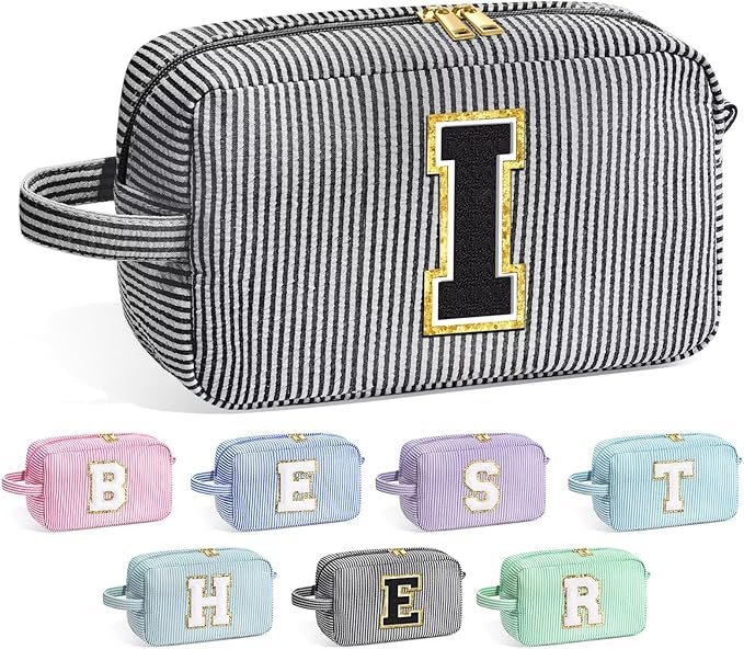 YOOLIFE Gifts for Women, Personalized Birthday Gifts for Women Girlfriend Her Friend Mom Grandma Daughter Wife, Bridesmaid Gifts, Monogram Initial Girls Preppy Makeup Bag I