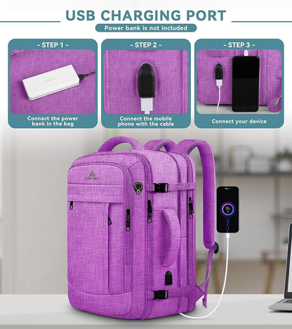 60L Carry On Backpack, Extra Large Laptop Backpack, Big Capacity Travel Backpack for Women, Expandable Water Resistant Bag Anti-Theft Business Daypack Fit 18 Inch Laptop with USB Port,Purple