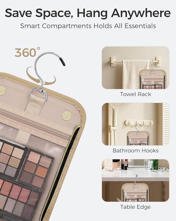 Hanging Toiletry Bag, PU Leather Makeup Bag Large Capacity with Jewelry Organizer for Brushes Set, Cosmetic Accessories, Khaki