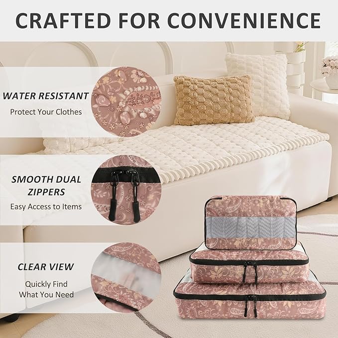 U+U 5 Set Packing Cubes for Travel Essentials Ultralight Luggage Packing Organizers with Laundry Bag and Shoe Bag for Vacation, Business Trip and Camping (Paisley Pattern)
