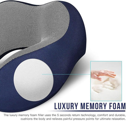 MLVOC Travel Pillow 100% Pure Memory Foam Neck Pillow, Comfortable & Breathable Cover, Machine Washable, Airplane Travel Kit with 3D Contoured Eye Masks, Earplugs, and Luxury Bag, Standard (Blue)