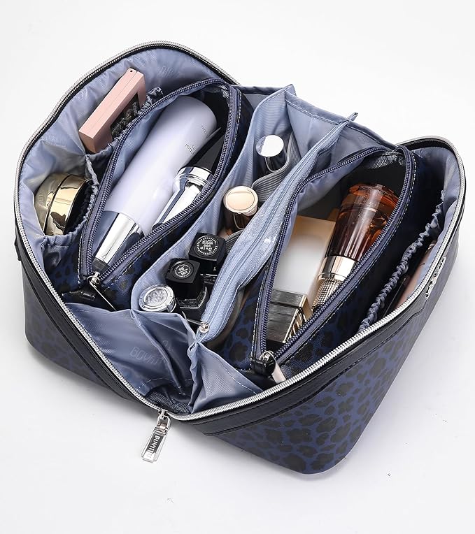 BOYATU Travel Makeup Bag for Women: 3 Pcs Set Portable Make up Bags with Handle - Leopard Print Cosmetic Bags with Comparments - Waterproof Vegan Leather Toiletry Bag (11-Blue)