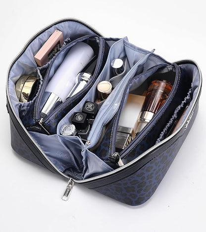 BOYATU Travel Makeup Bag for Women: 3 Pcs Set Portable Make up Bags with Handle - Leopard Print Cosmetic Bags with Comparments - Waterproof Vegan Leather Toiletry Bag (11-Blue)