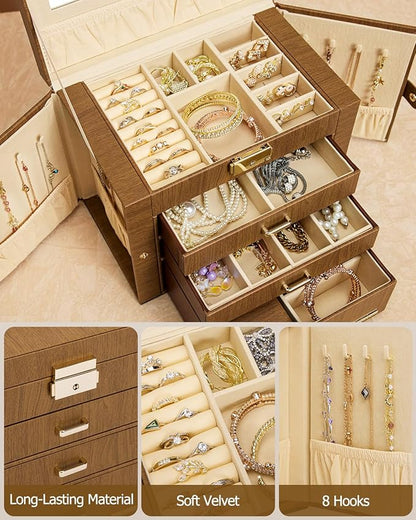 Homde 2 IN 1 Jewelry Box for Women Girls with Small Travel Case Mirror Necklace Ring Earrings Organizer - Christmas Gifts (Brown + Gold)