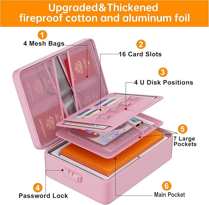 DocSafe 5200°F Document Organizer with Lock,Upgraded Heat Insulated Fireproof＆Waterproof Box 8 Layers File Organizer,Portable Home Travel Safe Storage for Important Documents, Files,Pink (Soft)