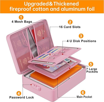DocSafe 5200°F Document Organizer with Lock,Upgraded Heat Insulated Fireproof＆Waterproof Box 8 Layers File Organizer,Portable Home Travel Safe Storage for Important Documents, Files,Pink (Soft)