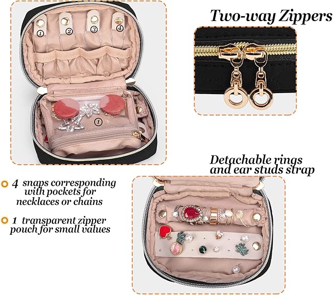 Teamoy Mini Jewelry Travel Case, Storage Organizer Bag for Earrings, Necklace, Rings, Black