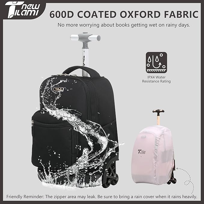 NEW TILAMI Rolling Backpack 16 Inch Wheeled Laptop Backpack with Wheels for Girls Boys School, Black