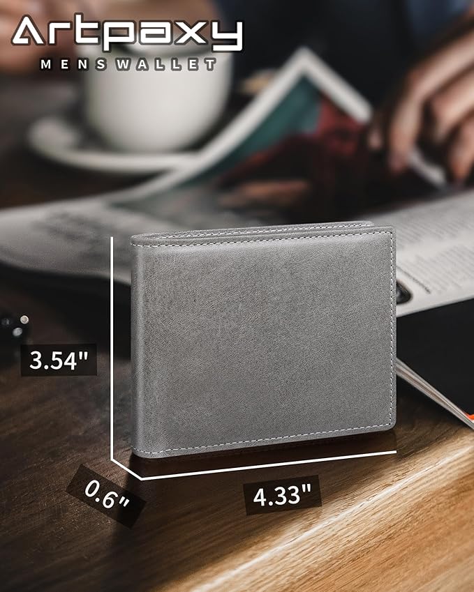 Mens Wallet Bifold Genuine Leather RFID Blocking Wallet for Men with 1 ID Windows 13 Card Holders 2 cash pockets 1 Gift Box