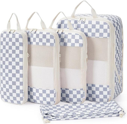 Narwey 5 Set Compression Packing Cubes for Travel, Luggage Packing Organizer Bags for Carry on Suitcase, Expandable Checkered Storage Bags with Laundry & Handle (Grayish Blue Checkerboard)