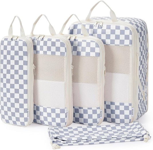 Narwey 5 Set Compression Packing Cubes for Travel, Luggage Packing Organizer Bags for Carry on Suitcase, Expandable Checkered Storage Bags with Laundry & Handle (Grayish Blue Checkerboard)