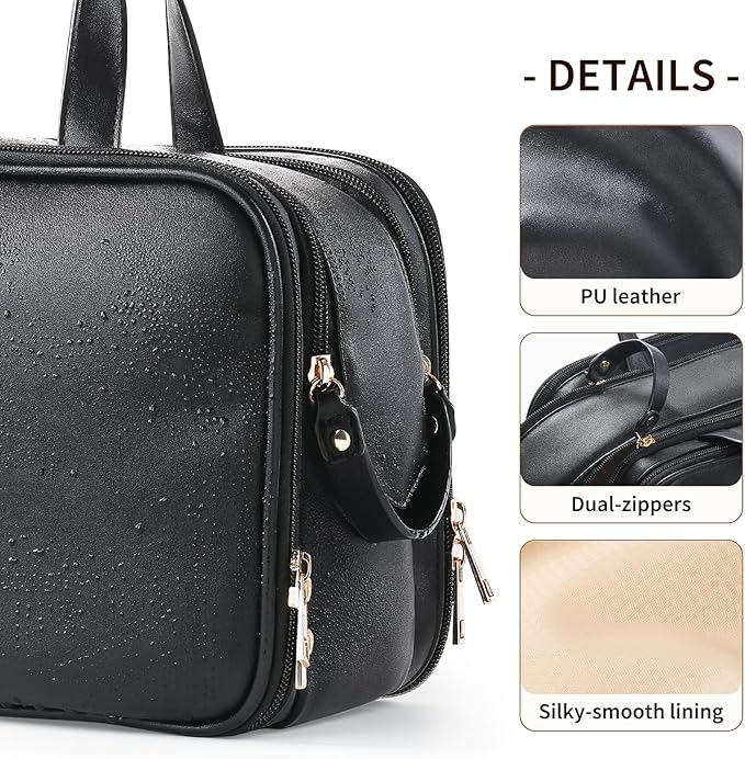 Large Travel Toiletry Bag with Makeup Brush Holder, 25 Pockets, Double Reinforced Handles & Luggage Sleeve, Waterproof PU Leather Cosmetic Organizer (Black)