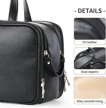 Large Travel Toiletry Bag with Makeup Brush Holder, 25 Pockets, Double Reinforced Handles & Luggage Sleeve, Waterproof PU Leather Cosmetic Organizer (Black)