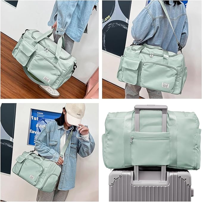 Travel Duffel Bag with Shoes Compartment Sports Gym Bag with Dry Wet Separated Pocket for Men and Women, Overnight Bag Weekender Bag Training Handbag Yoga Bag - Light Green